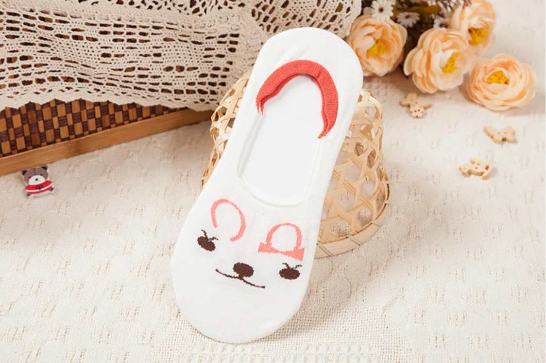 Jeseca 5 Pairs/Lot Women Cotton Sock Cartoon Animal Cute No Show Sock Japanese Kawaii School Student Invisible Non-slip Boat Sox