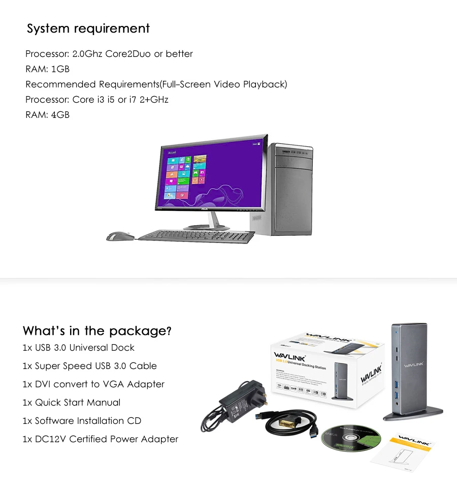 Wavlink Full HD 2048x1152 USB 3,0 type-C USB-C Универсальная док-станция+ RJ45/DVI/HDMI/VGA/MIC/аудио порт DisplayLink для ноутбука