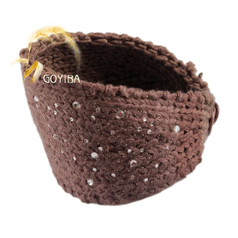 Coffee GOYIBA, 11 цветов, женская вязаная головная повязка со стразами, вязаная головная повязка с пуговицей, повязка на голову, грелка для ушей, тюрбан, повязка для волос 17,52*4,13" - Цвет: Coffee