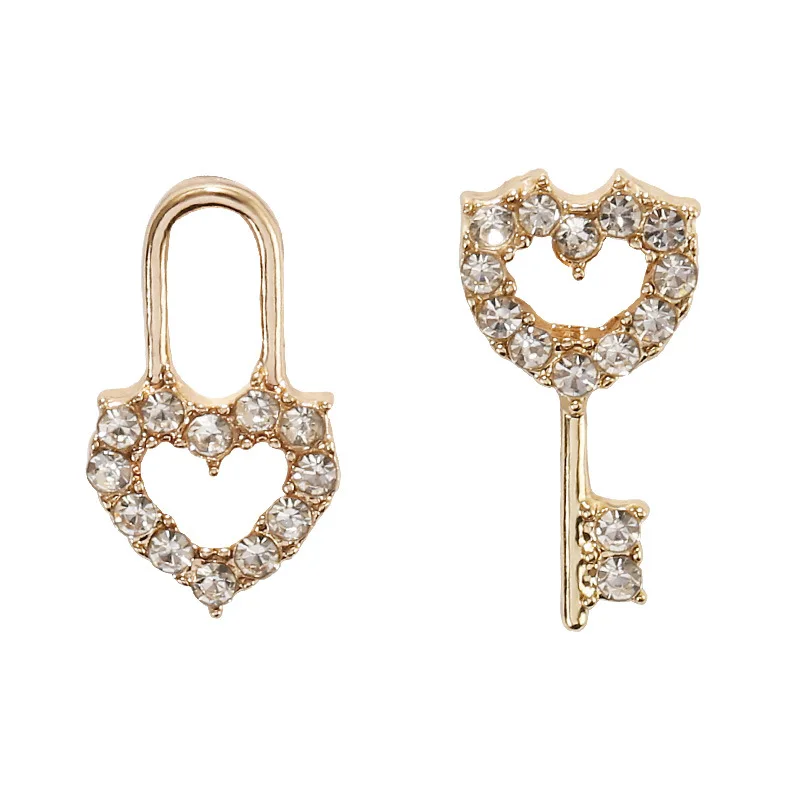 S925 Sterling Silver Mini Key Earrings Female Temperament Korean Personality Simple Asymmetric Lock Zircon | Украшения и