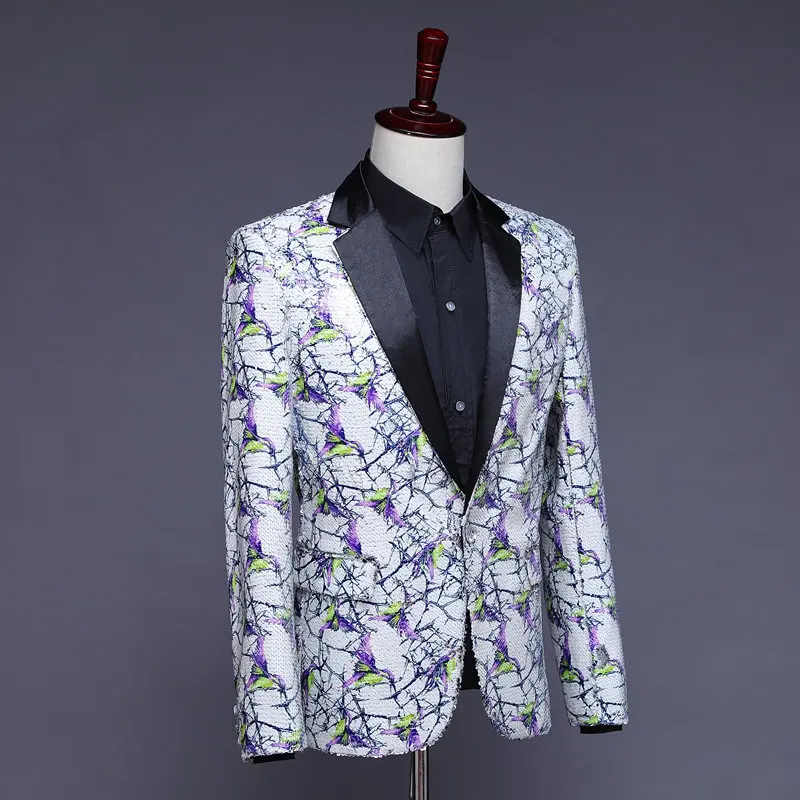 Mens White Sequin Blazer Purple Embellished Hombre Homme Glitter Jacket Men Floral Suit | Мужская одежда
