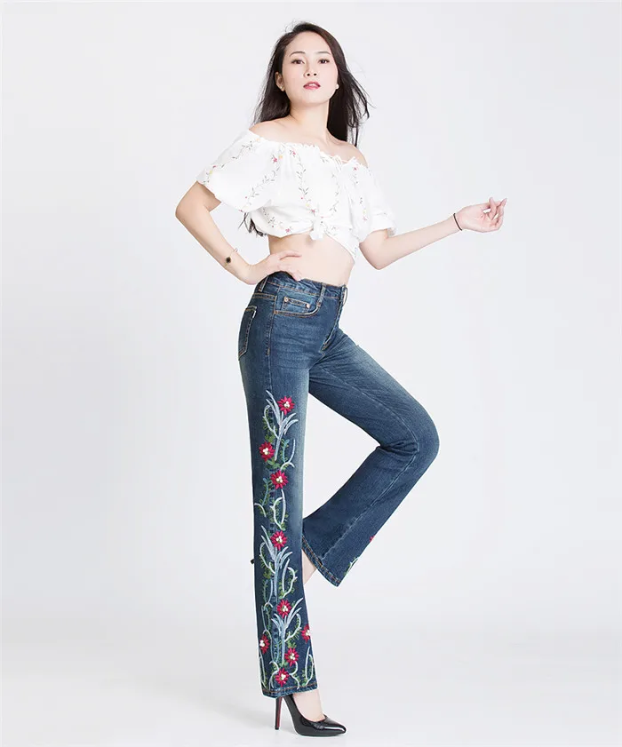 Женские эластичные джинсы с цветочной вышивкой национальные брюки весна 2019| |