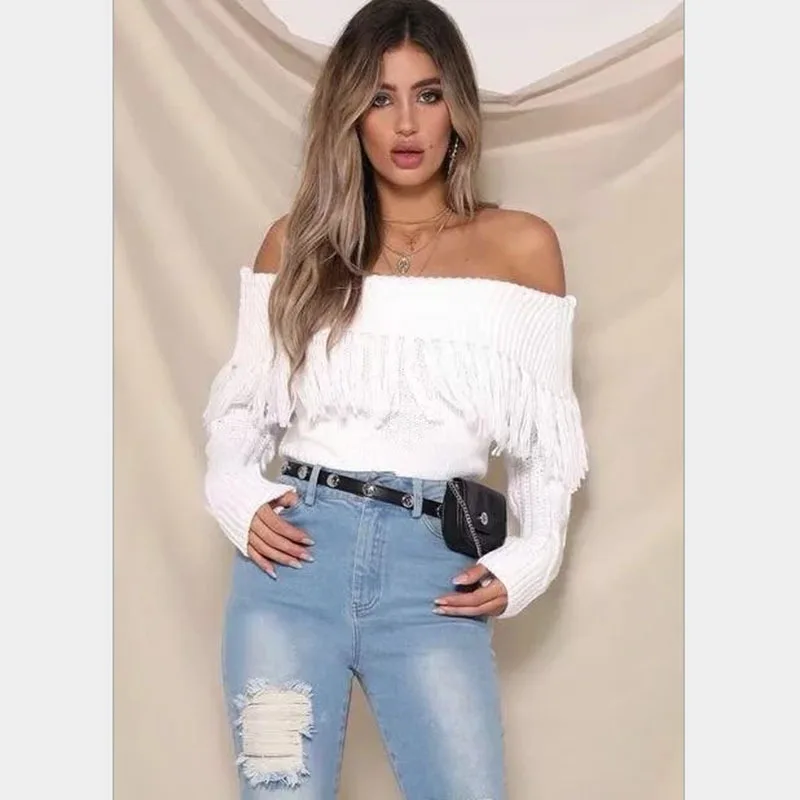 Wicky Autumn Winter New Solid Color Sweaters One Word Neck Long Sleeve Tassel Sexy Temperament Wild Sweater Female | Женская одежда