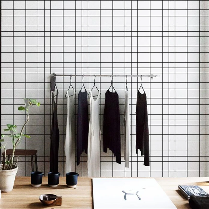 wellyu Nordic style wallpaper ins white brick clothing store black and plaid wall paper tea modern minimalist | Обустройство дома
