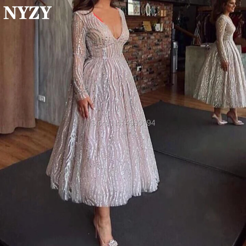 NYZY E79 Новое поступление, Короткие вечерние платья с v-образным вырезом и длинными рукавами,, кружевное вечернее платье с блестками, abiye robe de soiree, торжественное платье