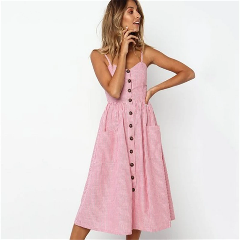 Striped Button Sexy Casual Summer Strap Dress Long Boho Beach Pockets Women Sundress Vestidos Elegant Sunflower Dess Female 2018 | Женская