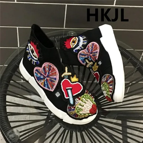 HKJL высокие эластичные носки обувь г. Новые сверхпрочные модные вязаные ботинки с бусинами универсальные Кроссовки Женская мода