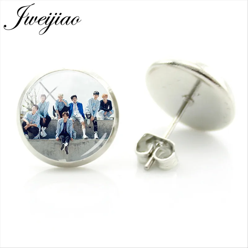 JWEIJIAO IKON K-pop серьги-гвоздики стеклянные кабошон фото металлические серьги цвет