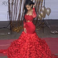 peorchid two piece lace mermaid prom dress for black girls 3d flowers formal dress elegant long sleeve evening gown red 2019