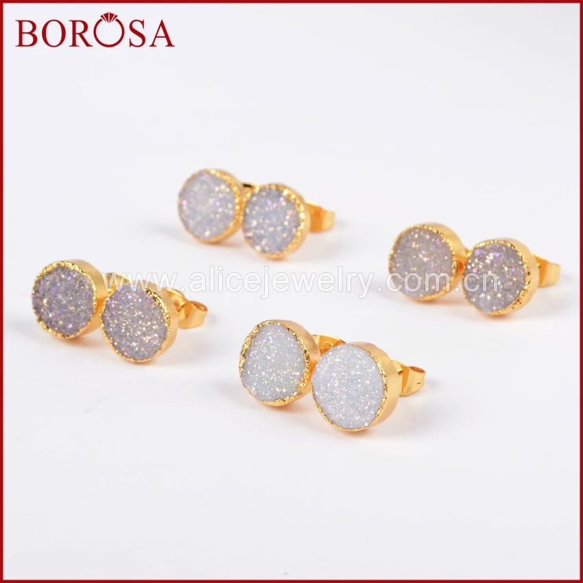 BOROSA модные золотые Druzy, серьги со шпилькой, для Для женщин, 10 мм круглый хрустальный титановый AB Druzy серьги-гвоздики G681