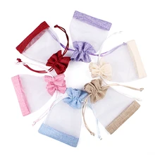 50Pc 2019 New Linen Bag Organza Sachet Stitching Drawstring Jewelry Packaging Pouch Wedding Party Gift Pouches Can Printing LOGO