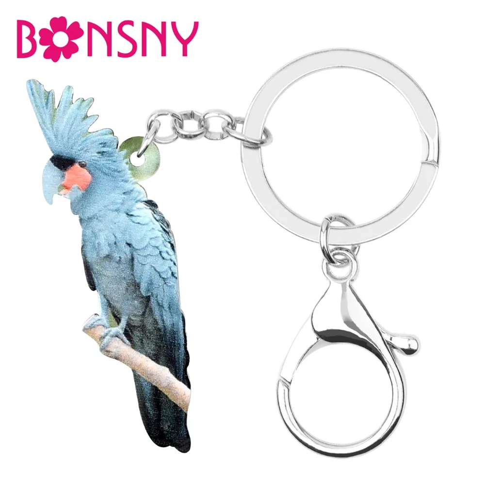 

Bonsny акриловая элегантная синяя Пальмовая цепочка для ключей Cockatoo Bird, кольца для ключей, модные ювелирные изделия с животными для женщин и де...
