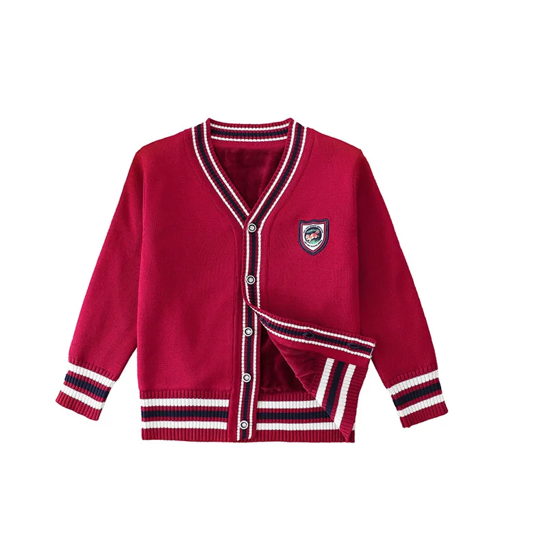 red add wool Свитера для мальчиков осень в английском стиле для детей мальчиков и девочек с v-образным вырезом, вязаный свитер для подростков, хлопковое зимнее теплое кардиганы для верхняя одежда для девочек-подростков Топы - Цвет: red add wool
