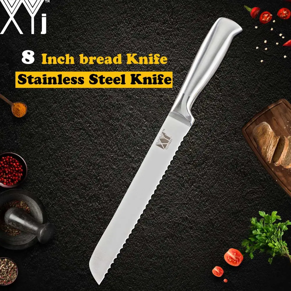 8 inch bread knife XYj лучший набор кухонных ножей и подставка для ножей, точилка, кухонные комплекты ножей шеф-повара, набор кухонных ножей 3cr13, лезвие из нержавеющей стали, подарок - Цвет: 8 inch bread knife