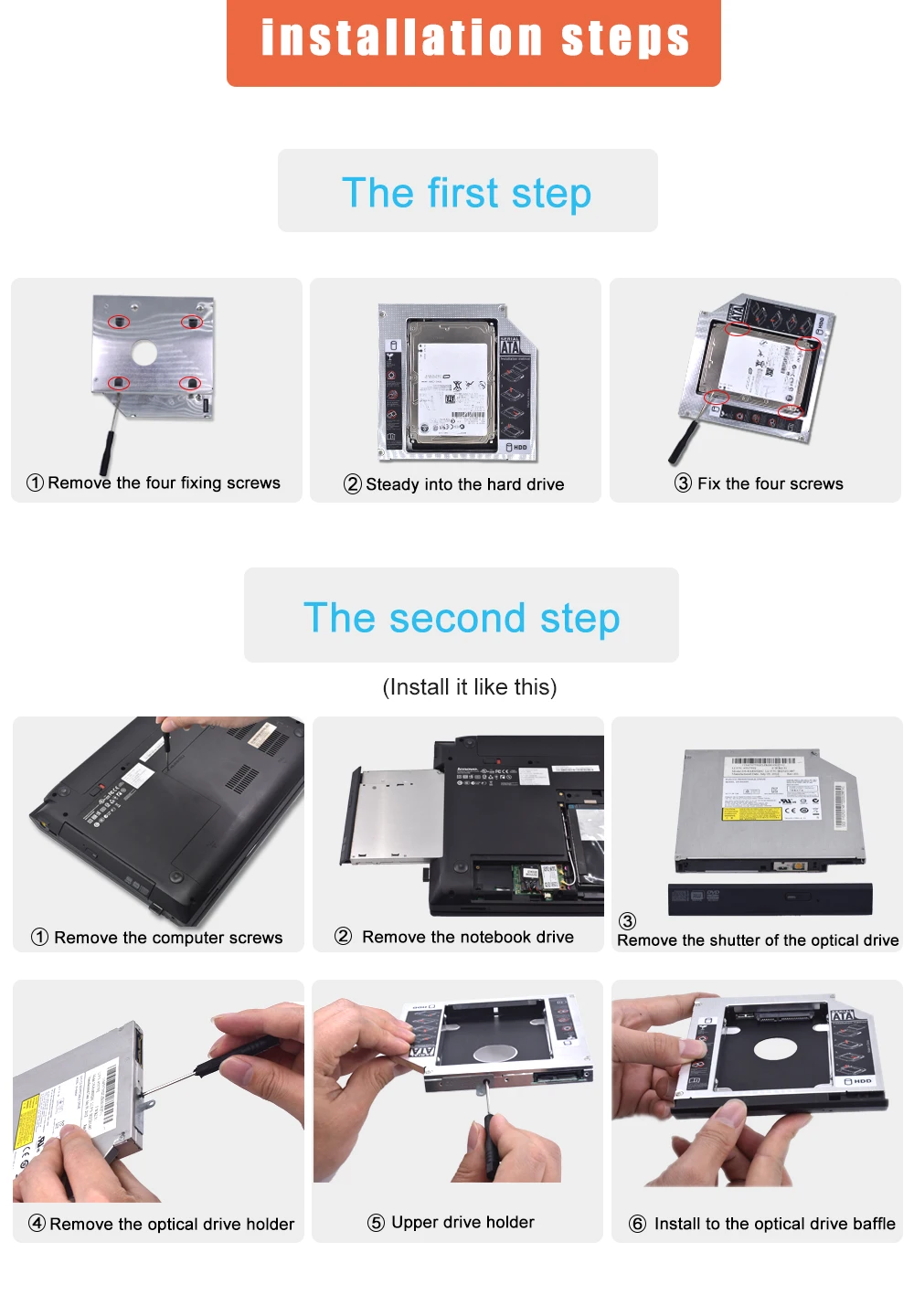TISHRIC Универсальный алюминиевый 2nd HDD Caddy 12,7 мм SATA 3,0 DVD адаптер для 2,5 ''7-12,5 мм SSD чехол Корпус CD-ROM Optibay