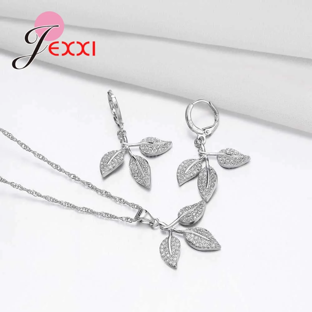 

Luxury Zircon Leaf Design Elegant 925 Sterling Silver Necklace Earring Wedding Engagement Jewelry Sets for Bridal