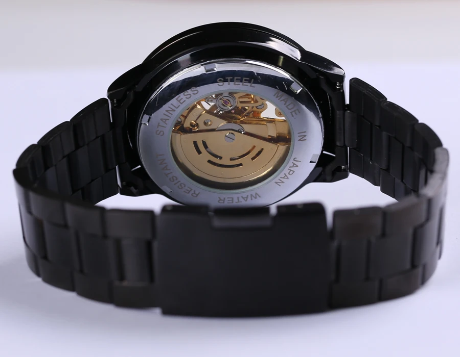 Новинка 2018 мужские наручные часы-скелетоны черного и золотого цвета