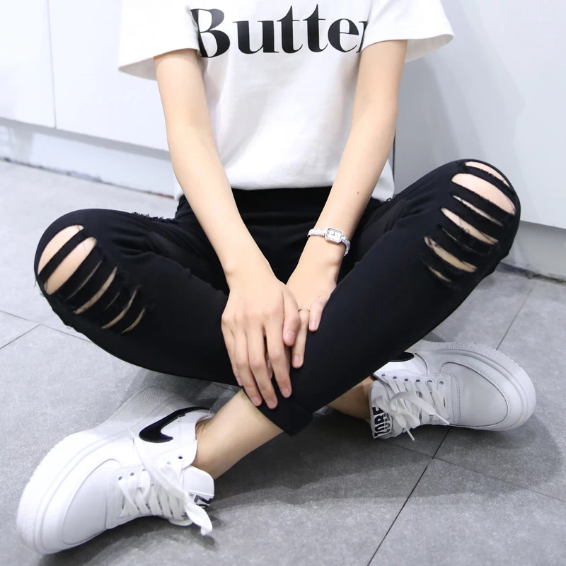 Женские рваные брюки-карандаш с дырками эластичная талия леггинсы вырезами