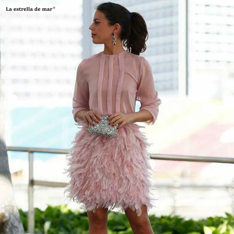 Vestido cocktail2019 Черпак шеи Кружева шифон перо с длинным рукавом линии Розовые коктейльные платья до колен халат коктейль
