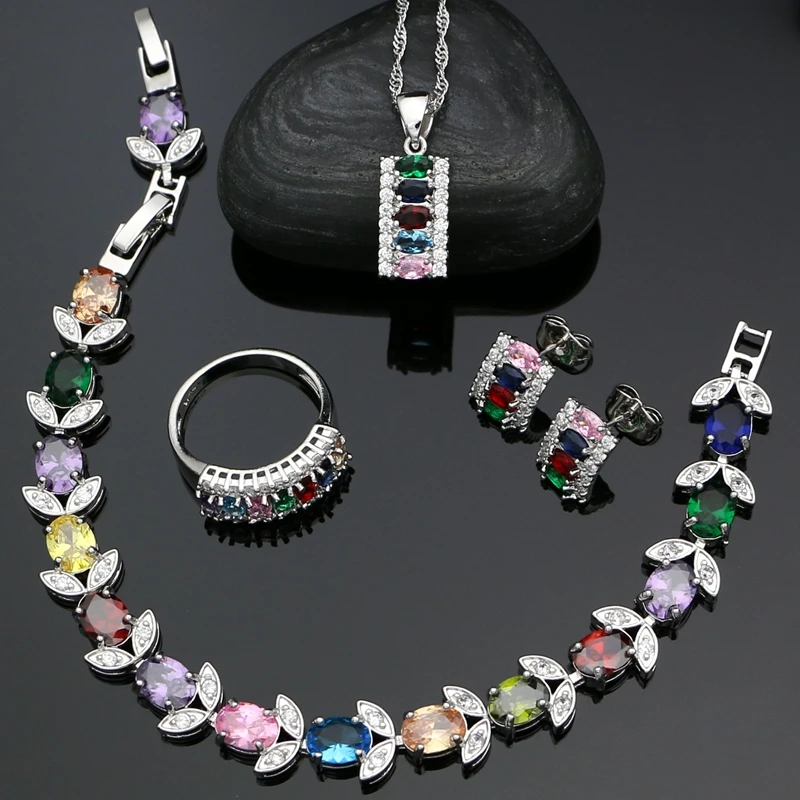 

925 Silver Jewelry Sets For Women Multicolor Cubic Zirconia Stud Earrings/Pendant/Ring/Bracelet/Necklace Silver Set