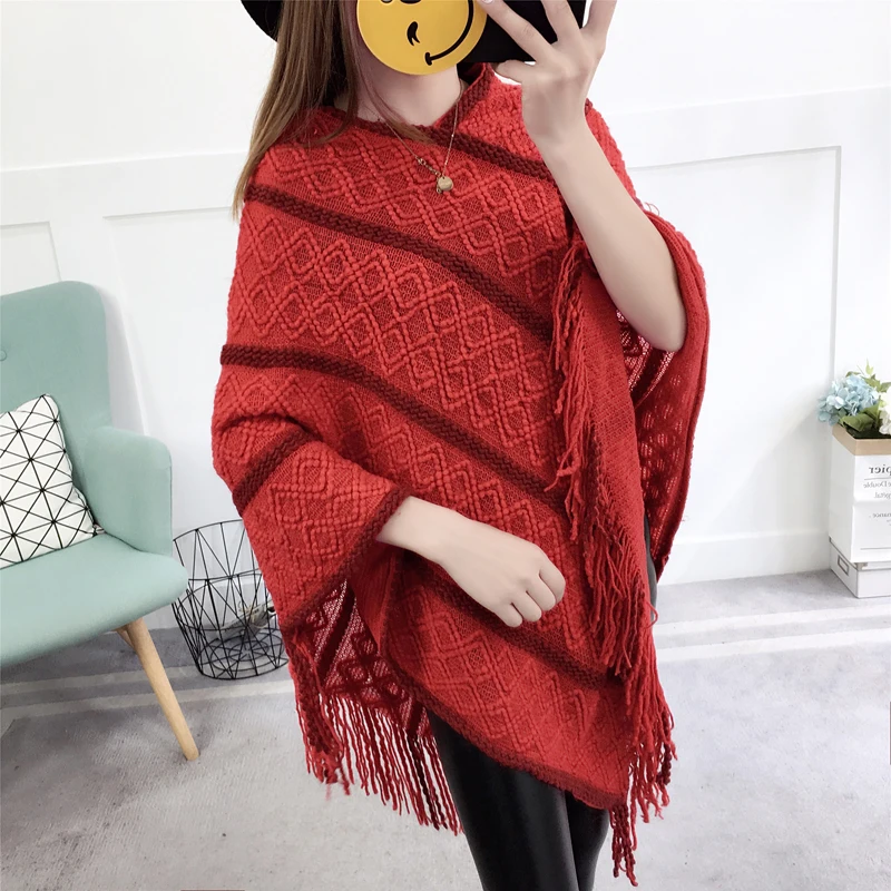 Fashion Female Women's Long Plus Size Tassel Bat sleeve striped Loose Knitted Winter Capes &amp Ponchos Clothes Clothing Outerwear |