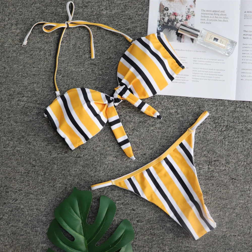 Бикини пуш-ап женское в полоску с узлом спереди | Женская одежда