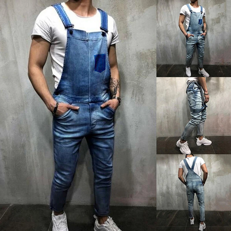 Комбинезон мужской джинсовый в винтажном стиле Модный комбинезон из потертого