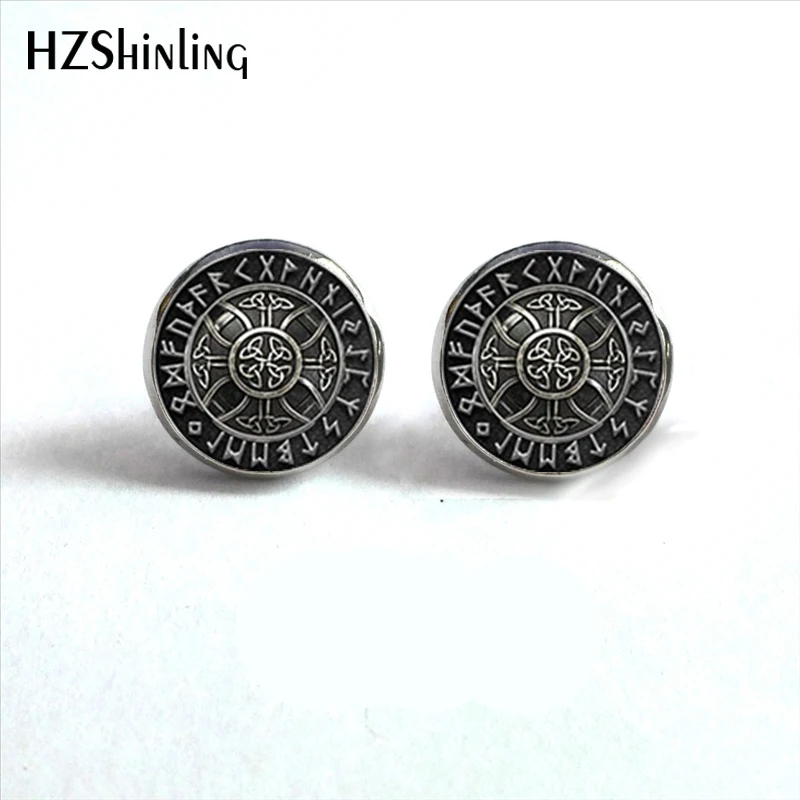 

NES-004 Norse Viking Ear Stud Cross in Rune Circle Earrings Compass Studs Earring Jewelry Glass Cabochon Earrings Post HZ4