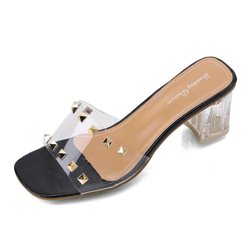 

2019 New Summer Rivet Transparent Slippers Women Shoes Female Sexy Crystal Square High Heels Peep Toe Sexy Ladies Shoes Woman