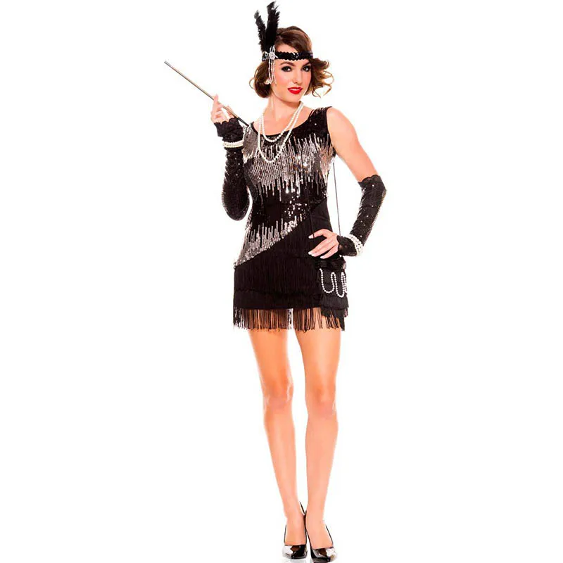 Черный/серебристый расшитый блестками костюм королевы ночного клуба с