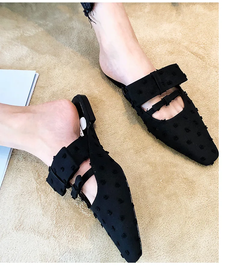 Туфли без каблуков; femme bowtied шлёпанцы женская обувь, подходит ко всему, в горошек от известного бренда, тапочки; женская обувь с закрытым носком; тонкие шлепанцы без задника с открытыми пальцами; лоферы