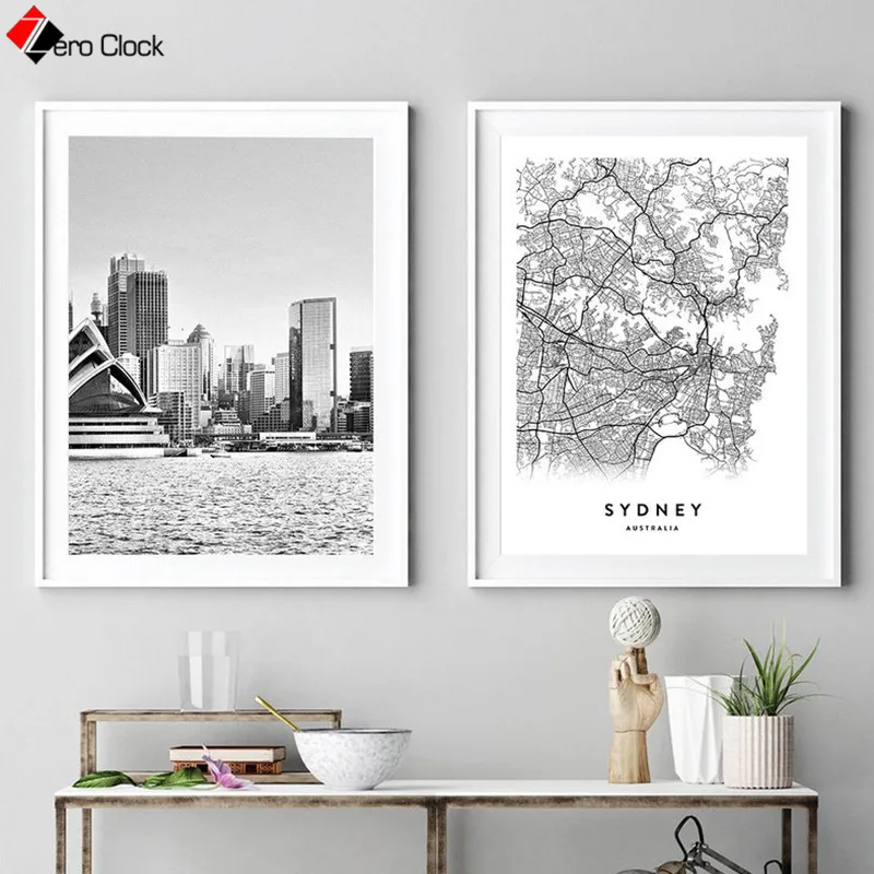 

Sydney City Scenery Canvas Painting Australia Map Print Travel Poster Black and White Wall Art Wall Pictures for Living Room