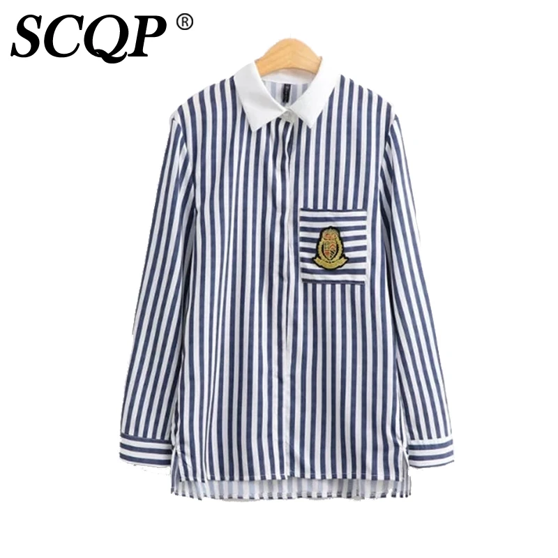 SCQP Карман Знак Вышивка Полосатые Женские Рубашки Студент Мода Женская Верхняя