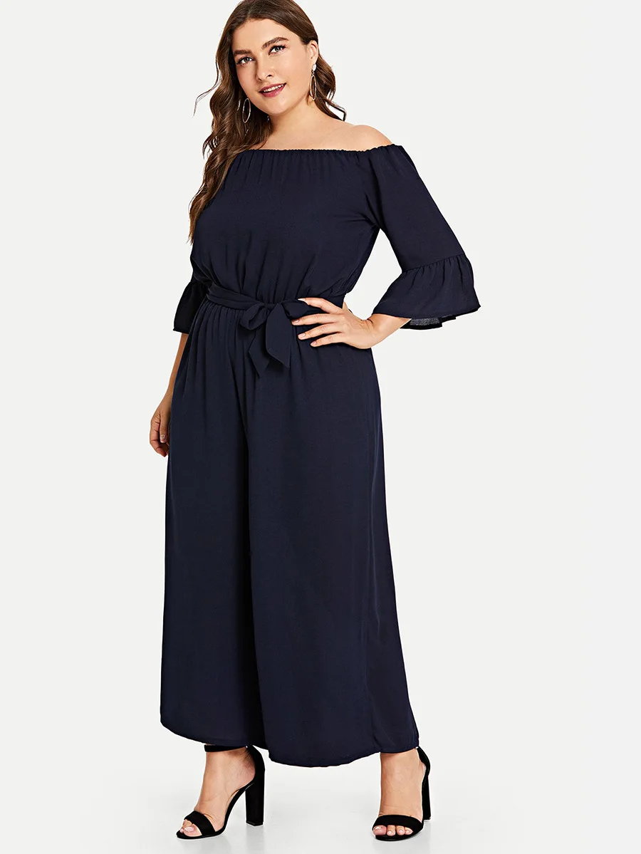 

L-4XL Women Plus size Summer Jumpsuits 2019 Casual OL Off Shoulder Rompers Elegant Office Large Size Wide Leg Jumpsuits Overalls