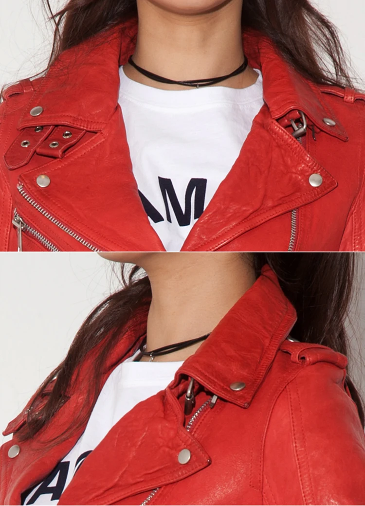 Женская короткая куртка из натуральной овечьей кожи Красная приталенная