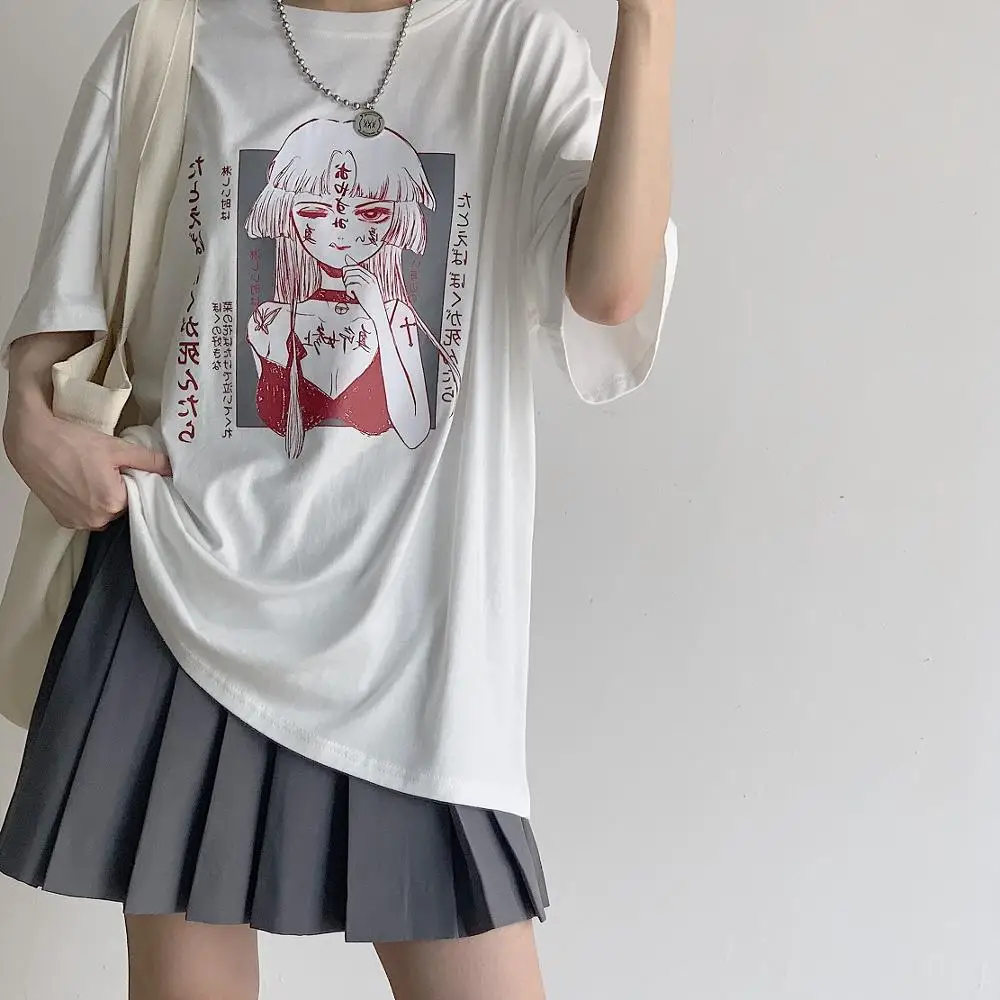 Harajuku Kawaii аниме футболка с принтом женская готическая негабаритная черная футболка Femme Топы Милые друзья белая футболка Корейская одежда 90s