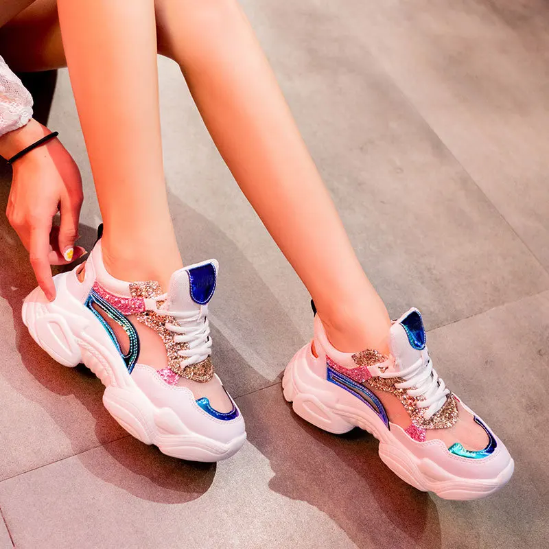 

QWEDF Luxury Brand Women Sneakers Mixed Color Lace Up Women Platform Shoes 2019 Fashion Street Style Daddy Shoes Woman X2-65