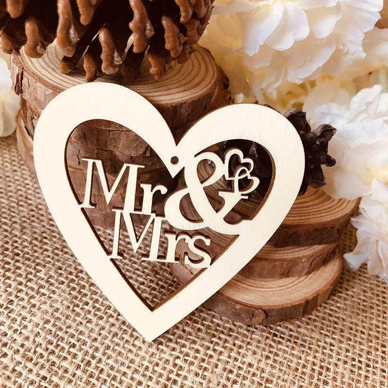 10 шт Mr & Mrs выдолбленный деревянный знак сердца для свадьбы/свадебный душ домашние