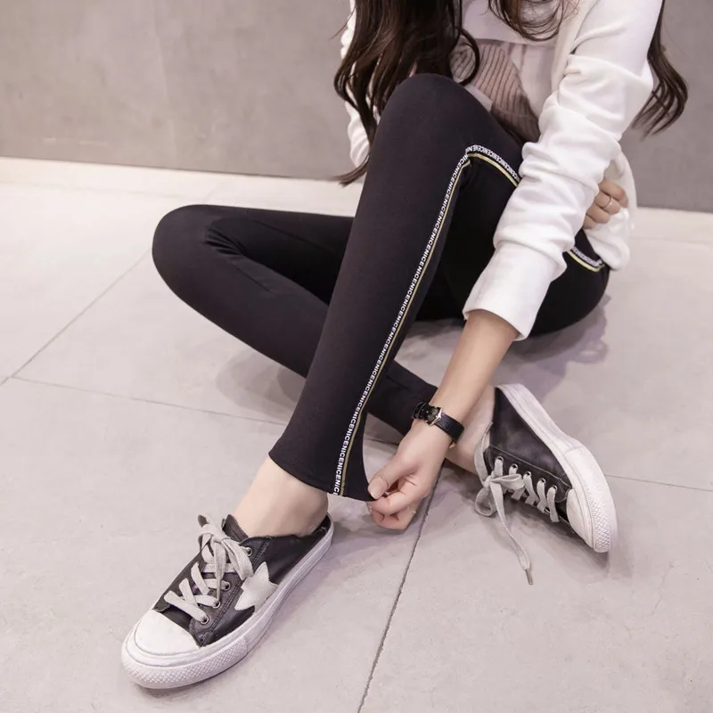 INITIALDREAM Large Size S-5XL Slim Cotton Women Leggings Side Letter Webbing Casual Legging Pencil Pant Plump Female Clothing