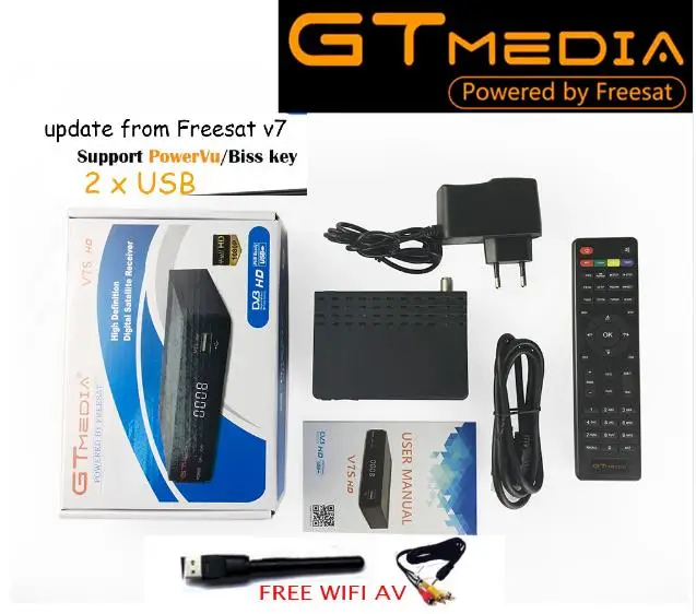 1 шт. GT медиа Freesat gtмедиа v7s DVB-S2 спутниковый ресивер Полный 1080P рецептор PowerVu Biss WiFi 3g Youtube USB PVR телеприставка - Цвет: V7S WIFI AV