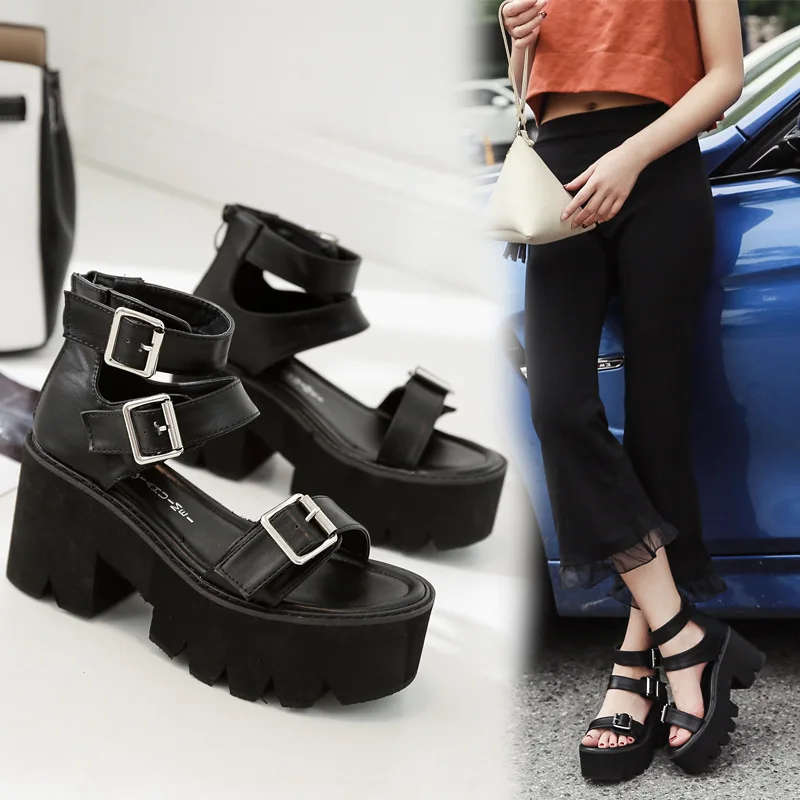 Women Sandals High Thick Heel Open Toe Buckle Strap Platform Shoes Female Black Simple Design Unique | Обувь