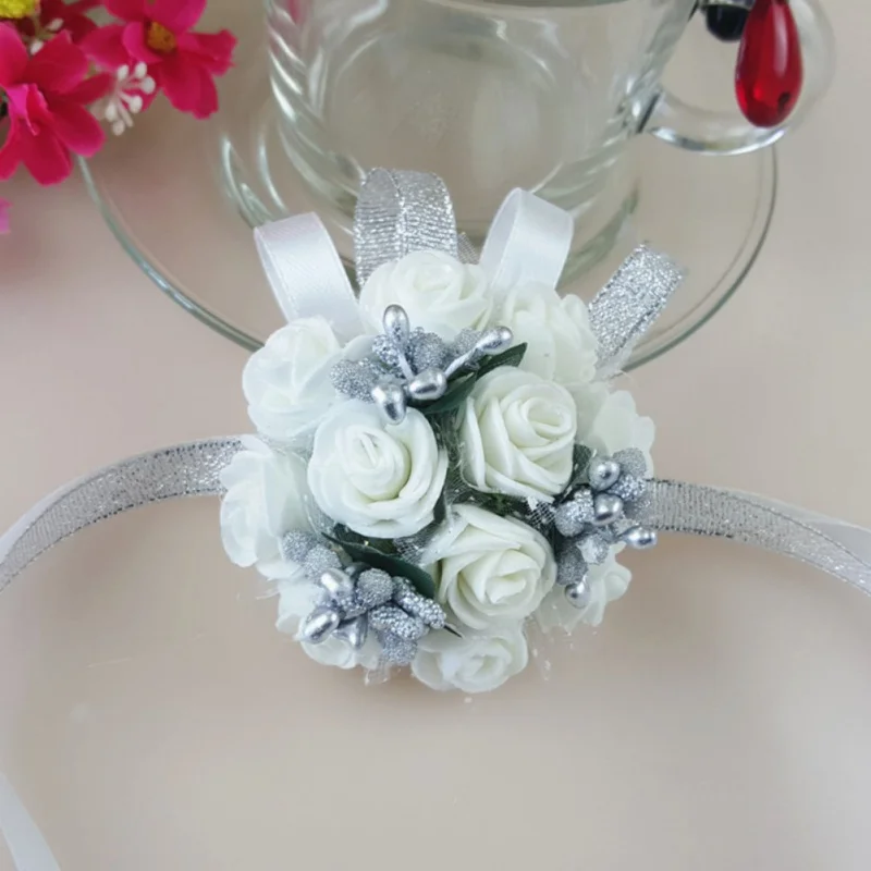Silver Beads Ручной цветы Искусственные Свадебные цветы искусственный цветок на запястье для подружки невесты сестры свадебные декорации цветок - Цвет: Silver Beads