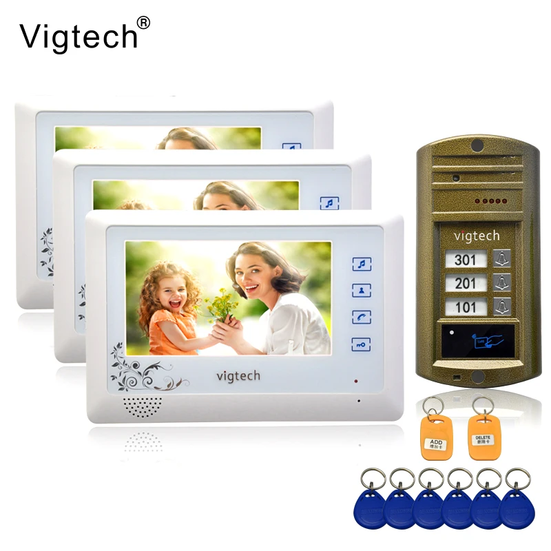 Vigtech 7 ''цветной видео телефон двери 3 Монитора с 1 домофон дверной звонок может
