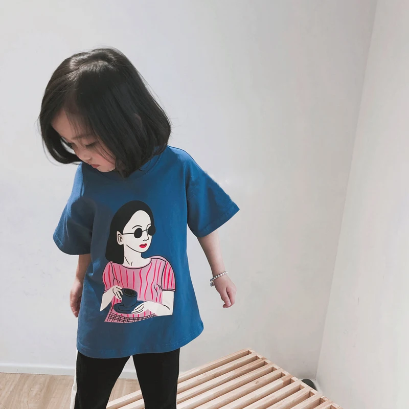 Лето 2019 футболка с коротким рукавом и принтом для девочек модный дизайн|Тройники|