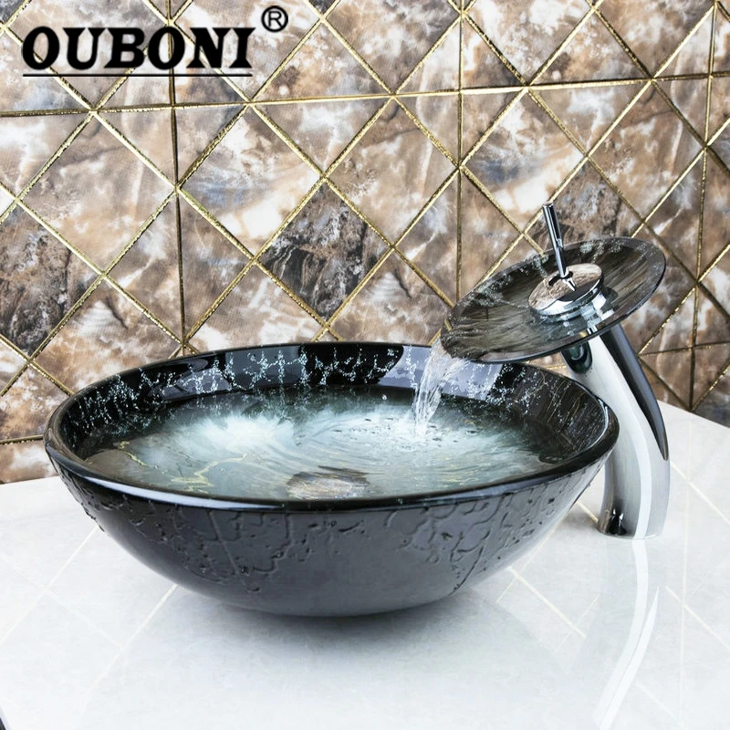 OUBONI хромированный круглый кран для раковины + раковина ванной комнаты умывальник