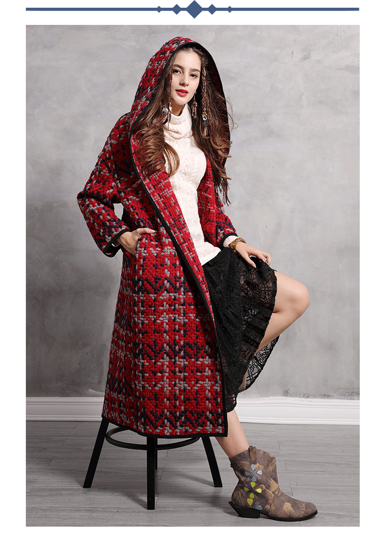 Женское пальто Yuzi. may Boho новое зимнее шерстяное пальто X-Long с капюшоном свободная открытая стежка красная куртка для женщин B9278 Xasaco Feminino