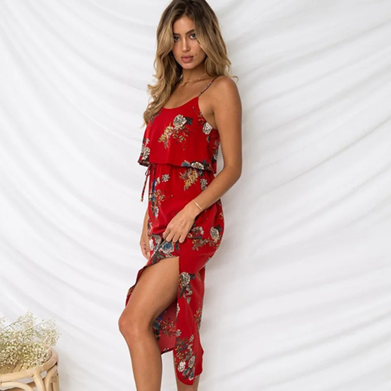 

2019 18 Styles Women Ladies Strap Dresses Sexy Chiffon Split Up Sashes Vestidos Solid Print Maxi Beach Dress Plus Size Red Pink
