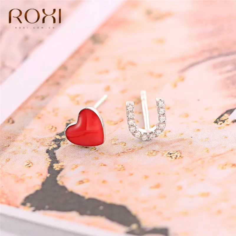 ROXI красный, глянцевый сердце серьги стержня для Для женщин Асимметричная личность U серьги в форме кристаллов 925 пробы Серебрянные Сережки для невесты