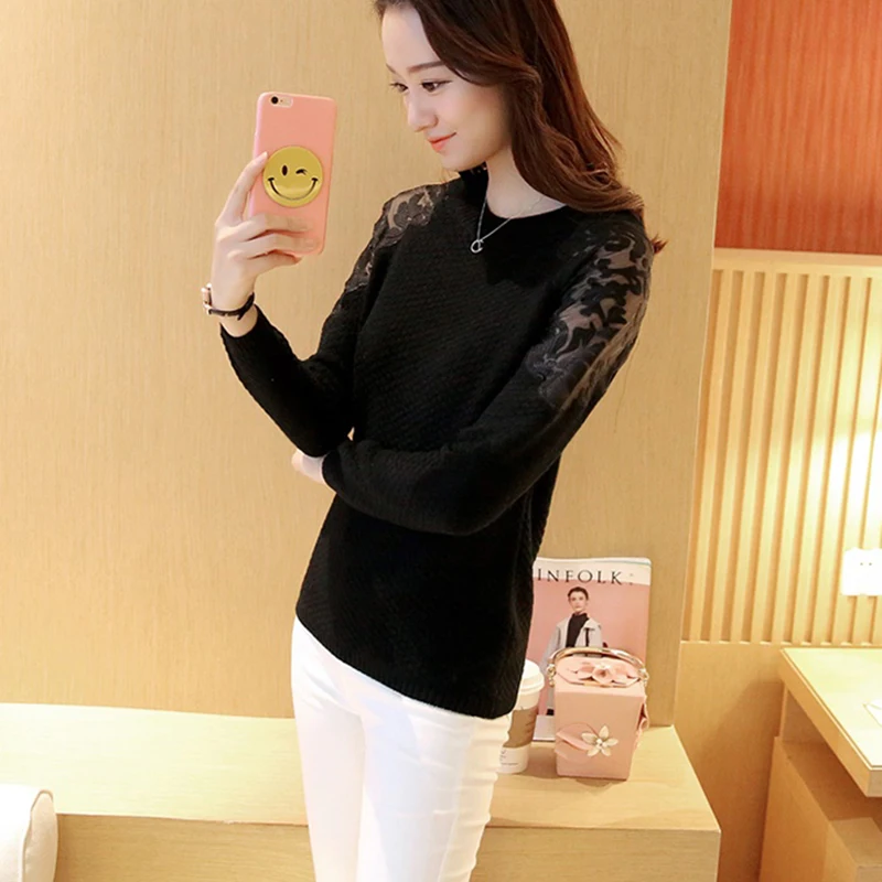 2018 spring hot O-neck long sleeve Women pullover sweater autumn fashion shoulder lace transparent knitted blouseLU513 | Женская одежда