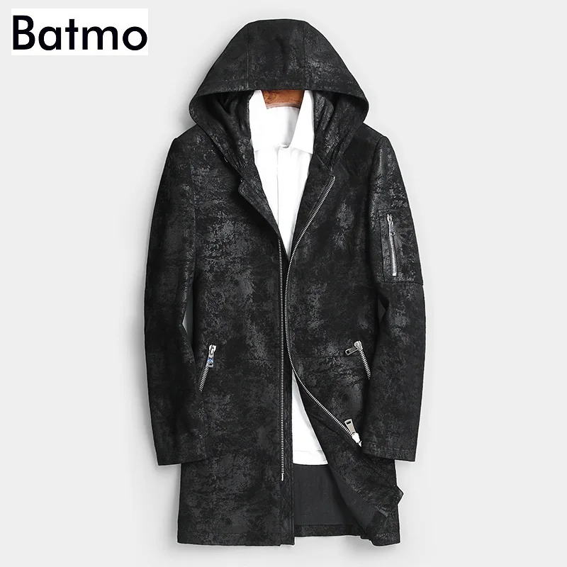 Batmo Новое поступление осенний высококачественный длинный мужской Тренч из овчины с капюшоном, мужские Куртки из натуральной кожи